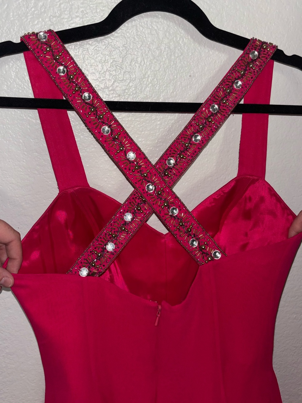 Beautiful Vintage Silk Hot Pink Embellished Strappy Evening Dress